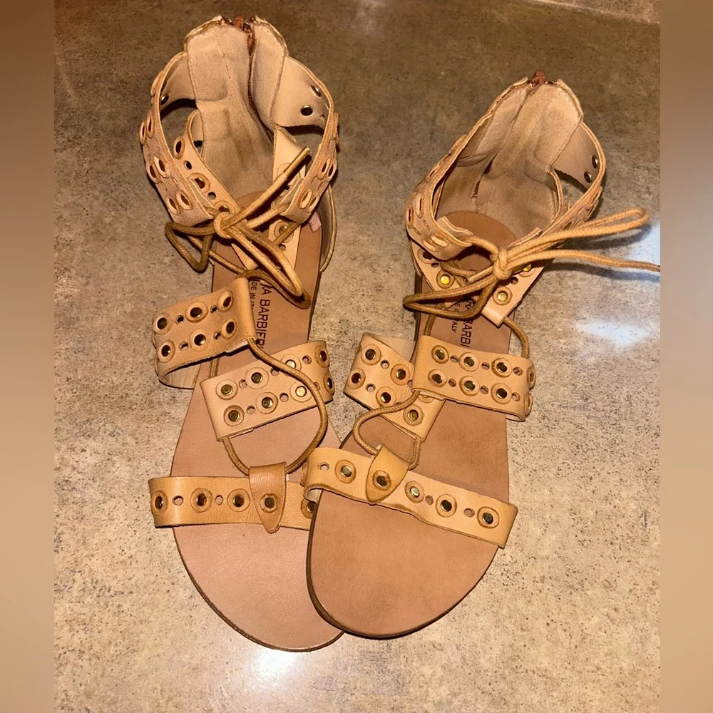 Barbara Barbieri Tan Gladiator Sandals - studded lace up flats